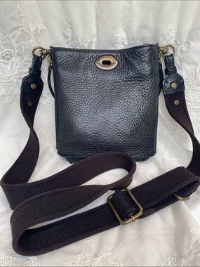J. Crew Black Pebbled Leather Messenger Bag with Fabric Strap